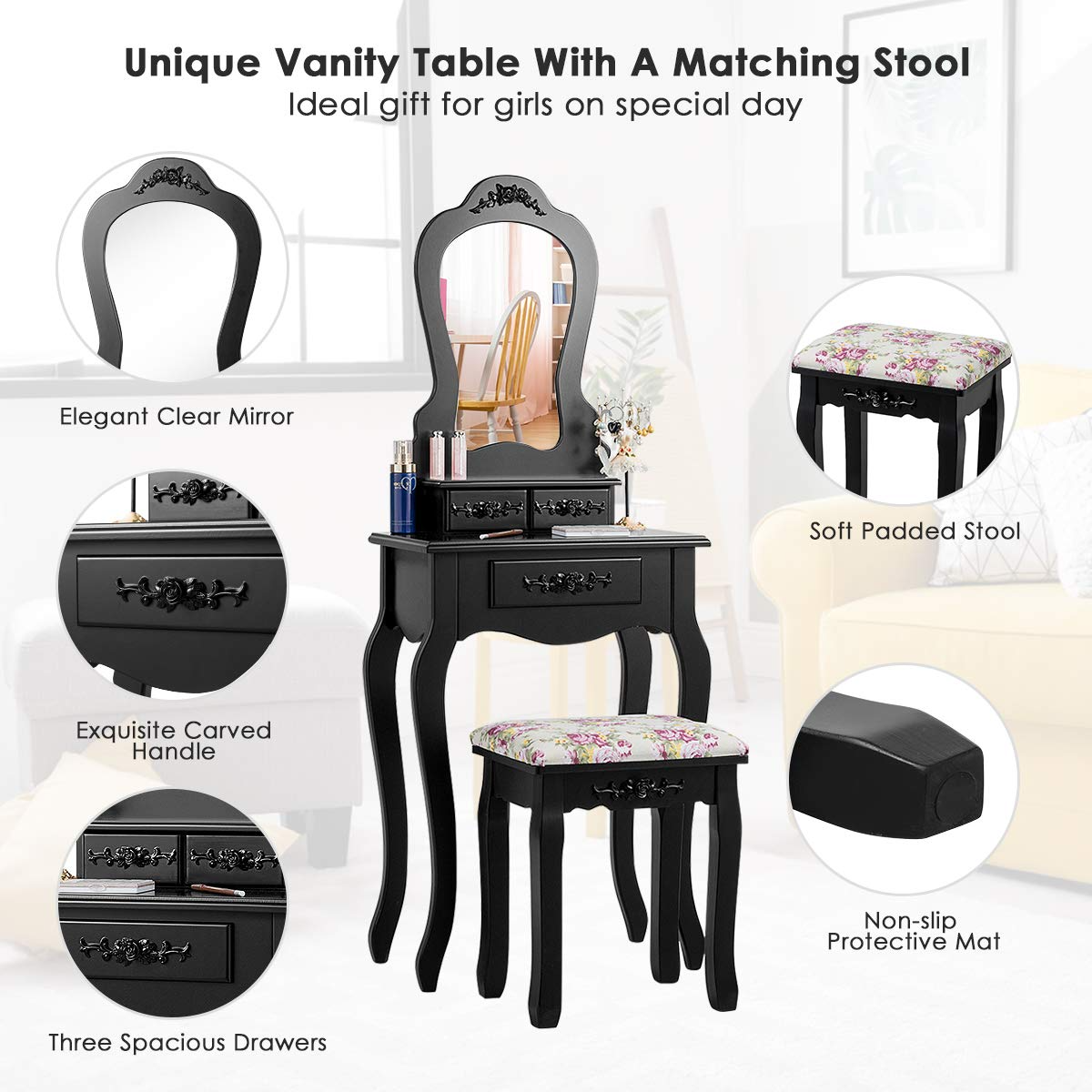 Vanity Set with 3 Drawers and Cushioned Stool