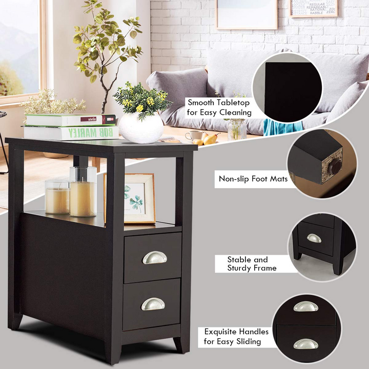 Giantex End Table Wooden W/ 2 Drawers and Shelf Space-Saving Rectangular Bedside Table