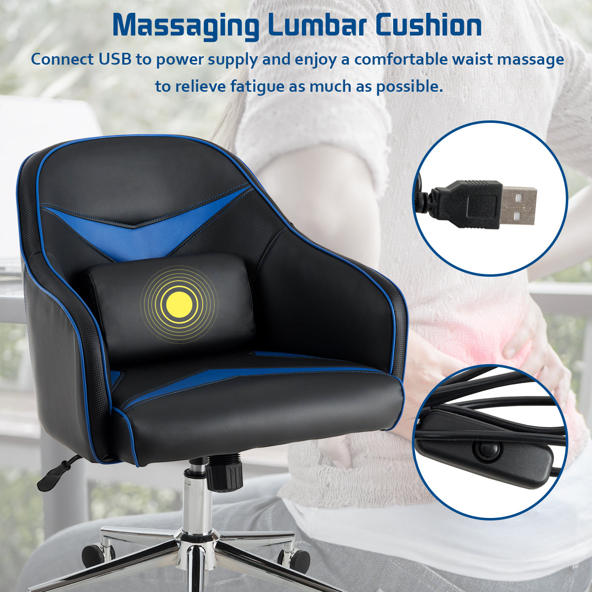 Giantex PU Leather Gaming Chair, Adjustable Height Mid-back Armchair w/ Massage Lumbar Pillow