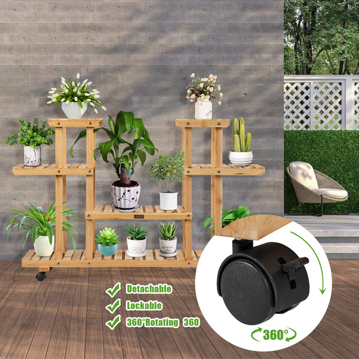 Giantex Rolling Flower Rack Wood Plant Stand on Wheels