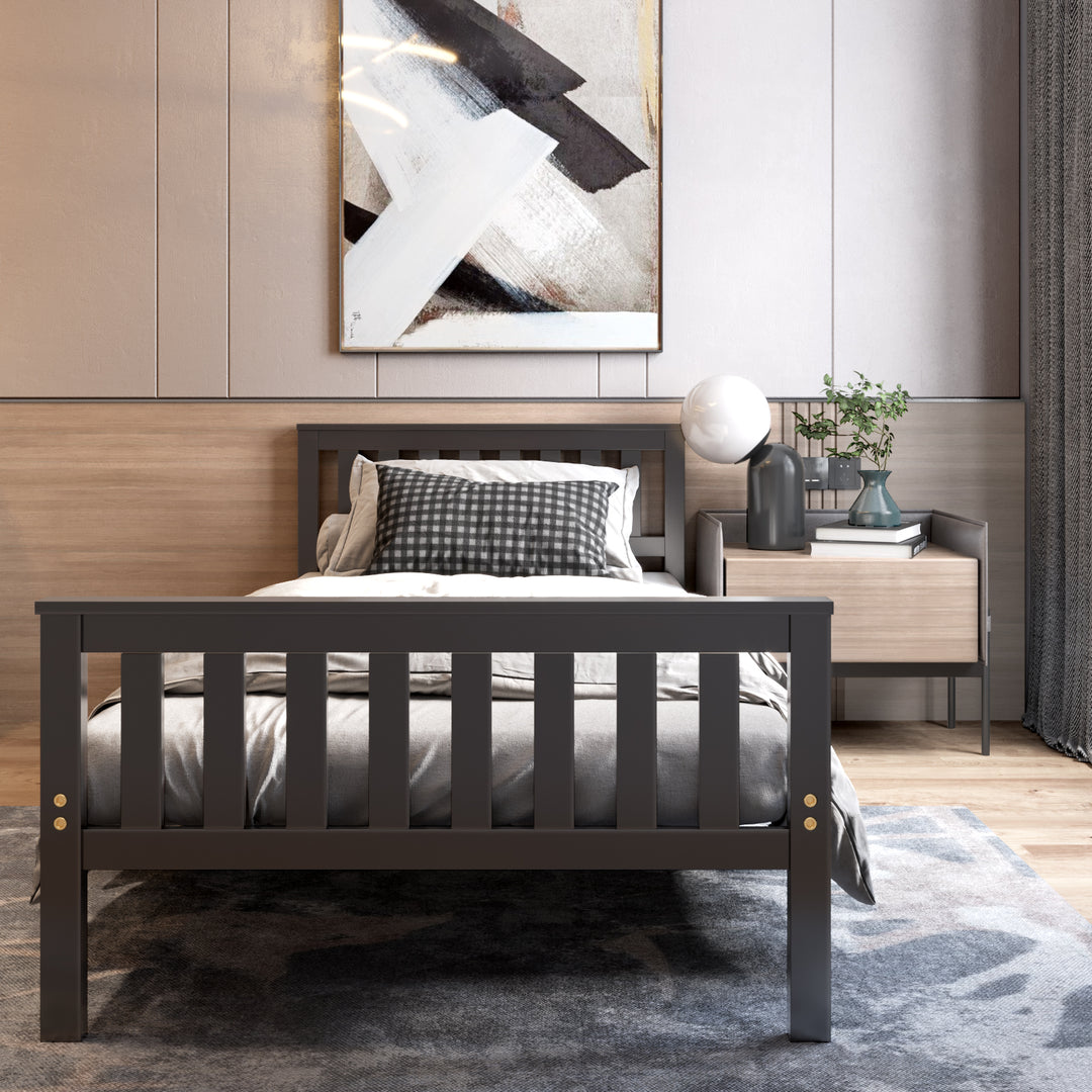 Easy Assembly Twin Size Wood Platform Bed with Headboard