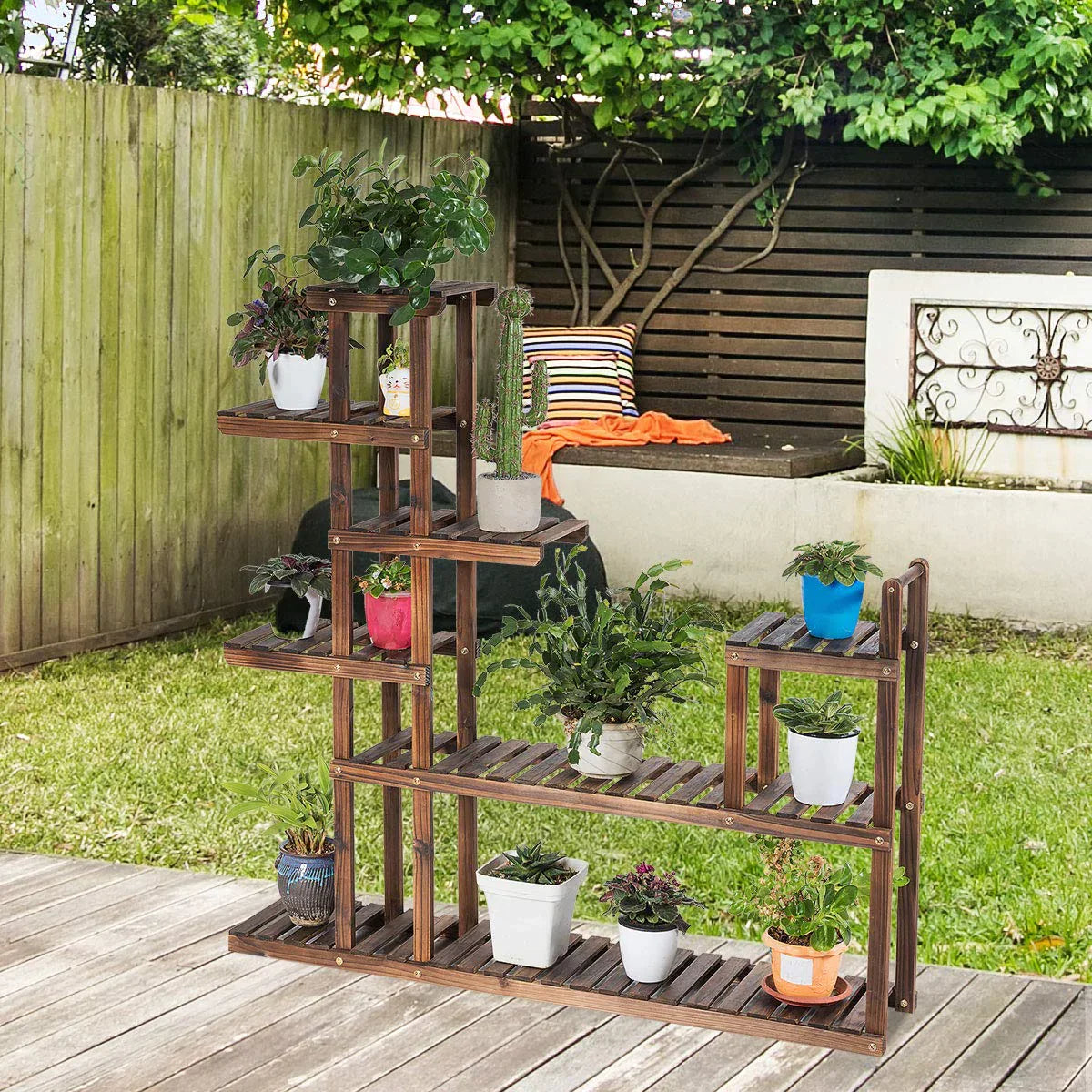 Giantex Flower Rack Wood Plant Stand Wood Shelves Bonsai Display Shelf, 7 Tiers