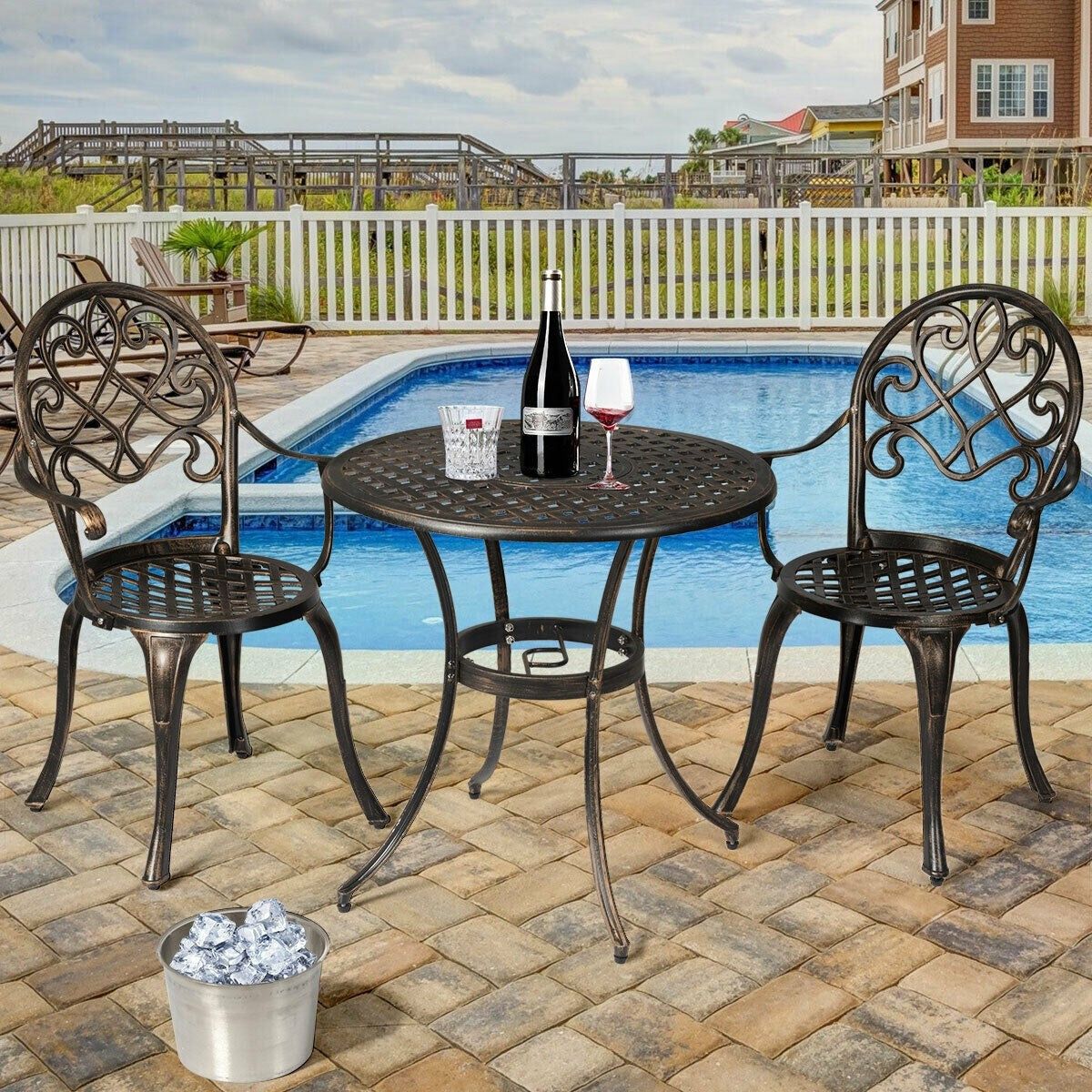 Giantex 3pcs Bistro Table Set Cast Aluminum Outdoor Patio Furniture Set (Antique Bronze)