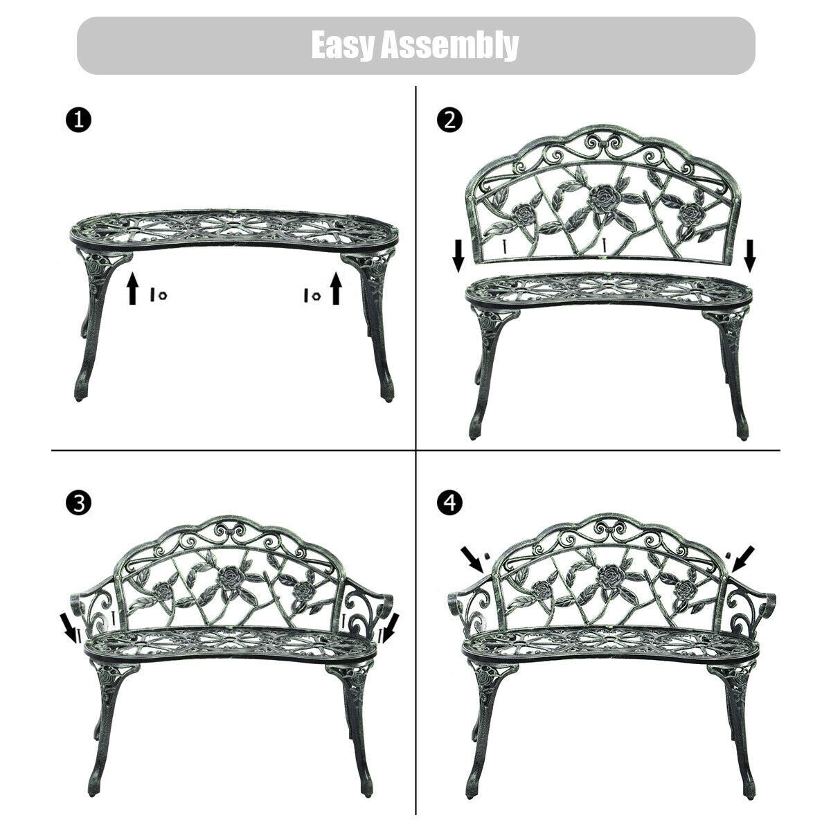 Outdoor Garden Bench Iron Patio Benches for Outdoors, Rose Antique Style