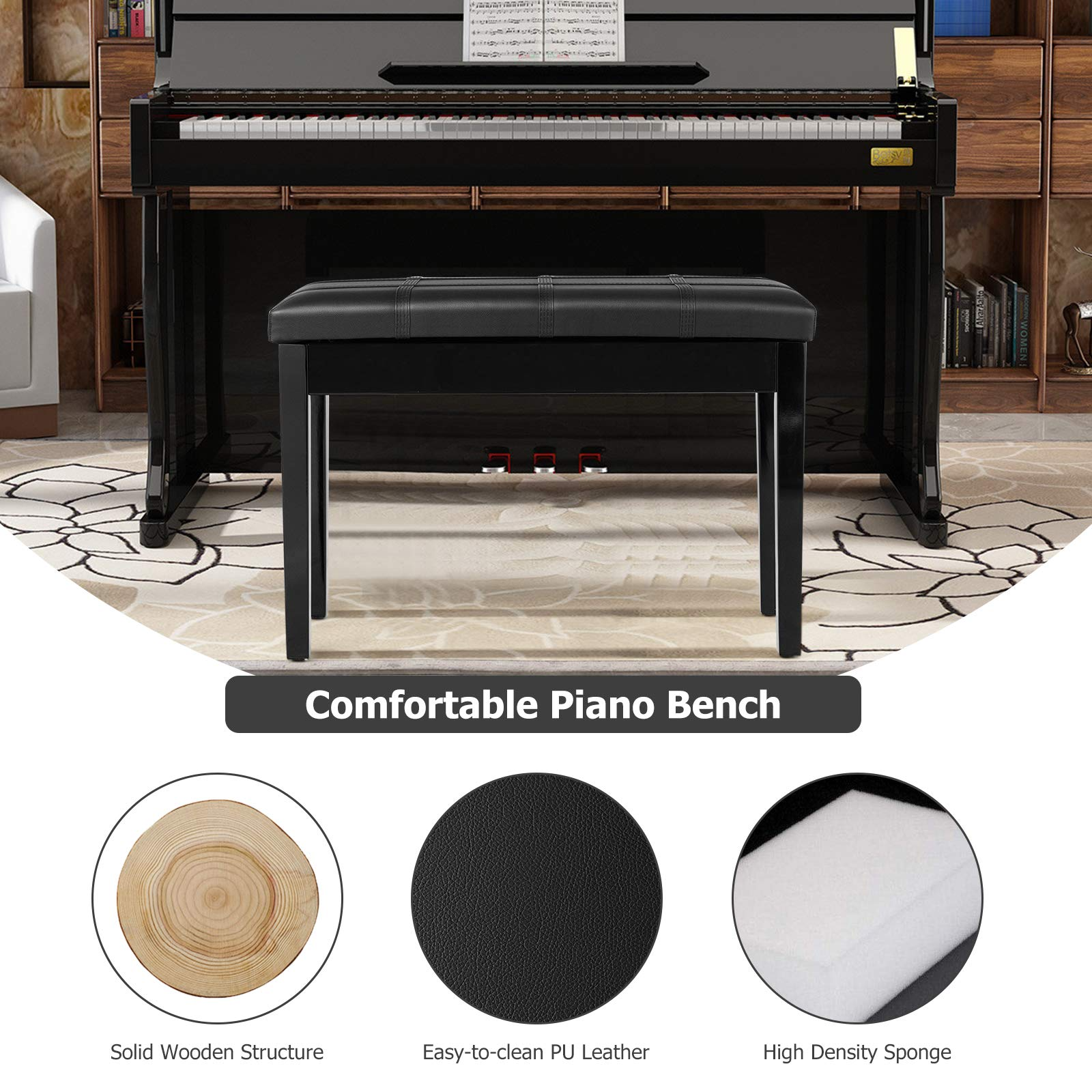 Giantex Wooden Duet Piano Bench with Padded Cushion and Music Storage