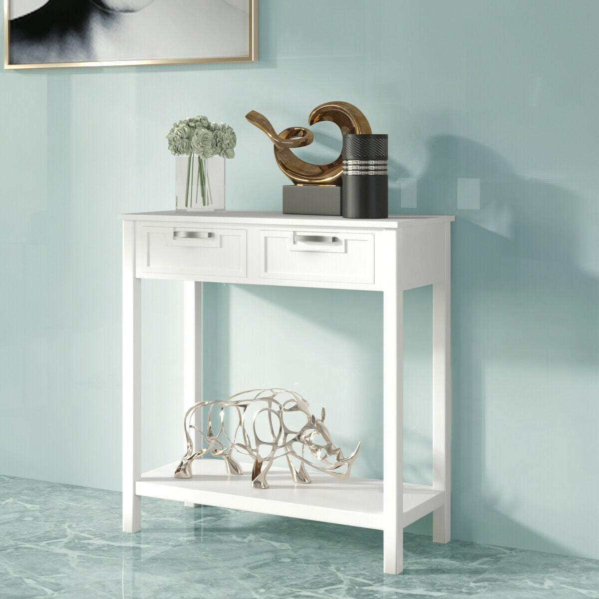 Console Sofa Table with 2 Drawers and Bottom Shelf