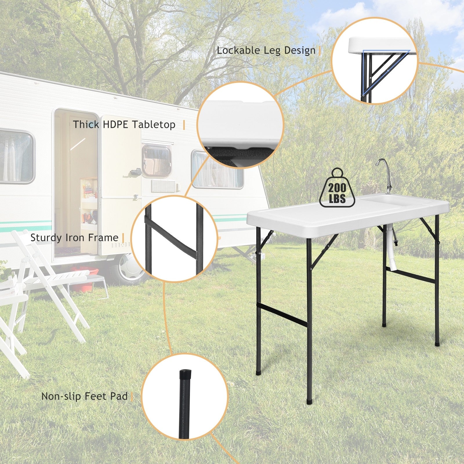 Folding Fish Cleaning Table, Camping Table with Sink and Faucet