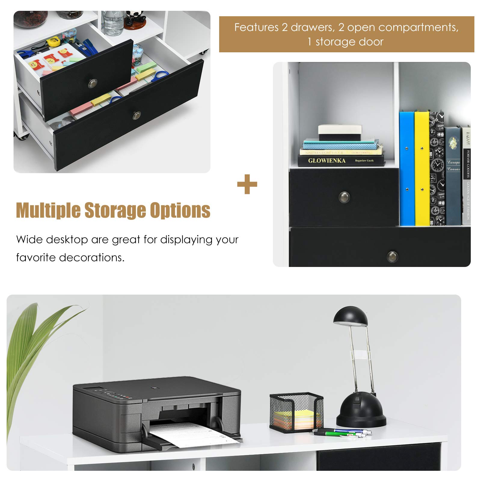 Giantex Lateral File Cabinet 2 Drawer Printer Stand, Rolling Storage Office Cabinet with Lockable Wheels