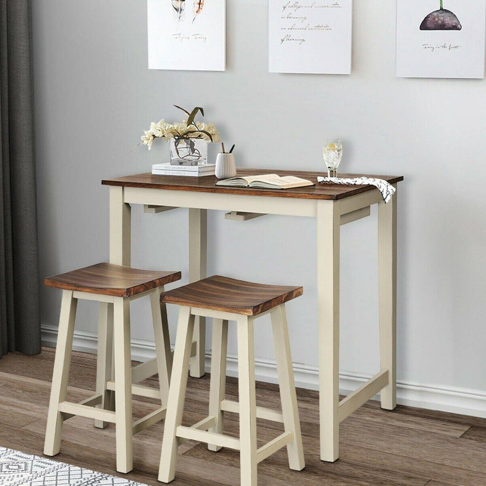 3 Piece Pub Dining Set, Counter Height Pub Table with 2 Saddle Bar Stools, Tavern Collection Table (Brown & Milky White) - Giantexus