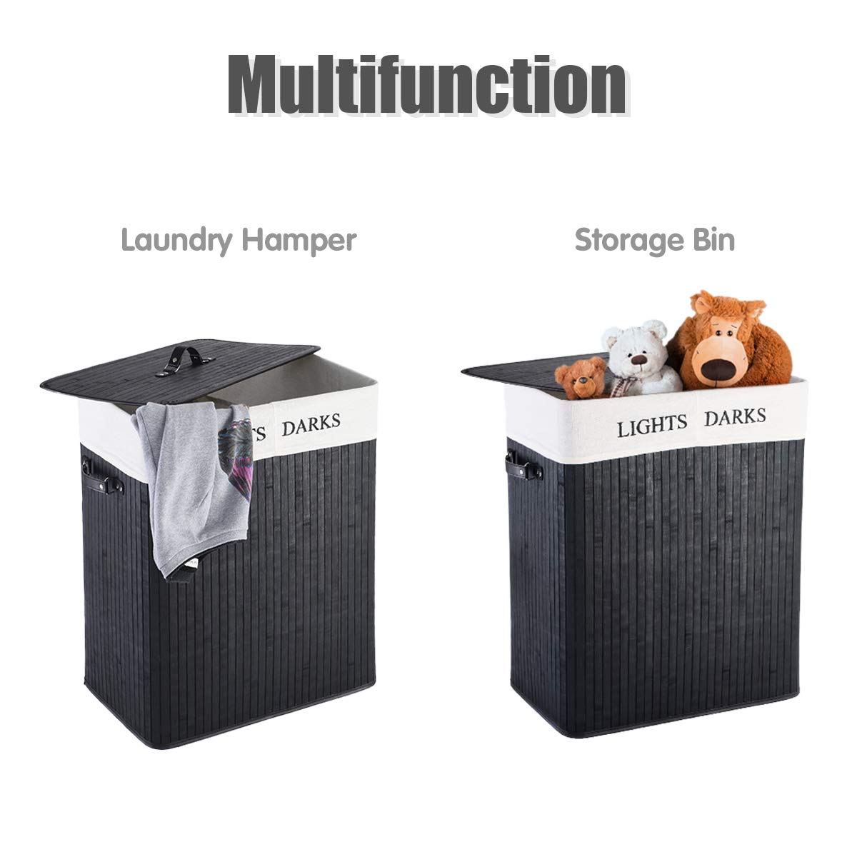 Giantex Double Laundry Hamper Bamboo Foldable Rectangle Hamper with Lid