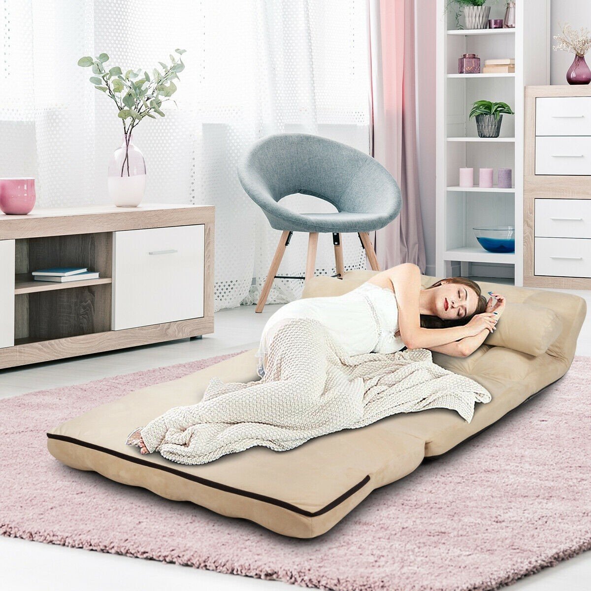 Adjustable Floor Sofa, Foldable Lazy Sofa Sleeper Bed 6-Position Adjustable,2 Pillows - Giantexus