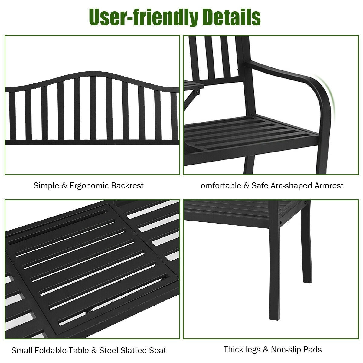 Giantex Patio Bench w/ Pullout Middle Table, Outdoor Benches2-3 Person, Metal Benches for Outside (Black)