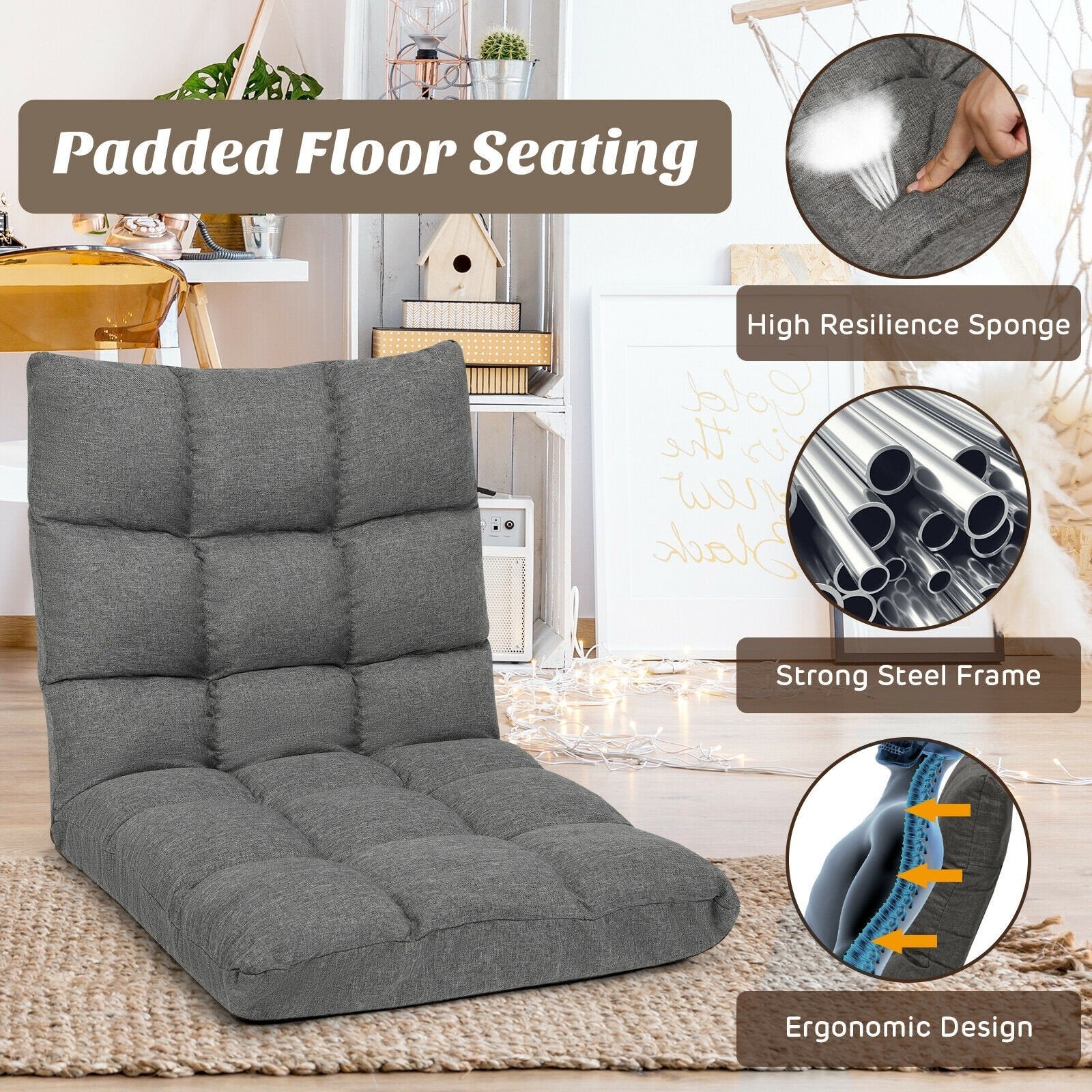 Adjustable Floor Gaming Sofa Chair 14-Position Cushioned Folding - Giantexus