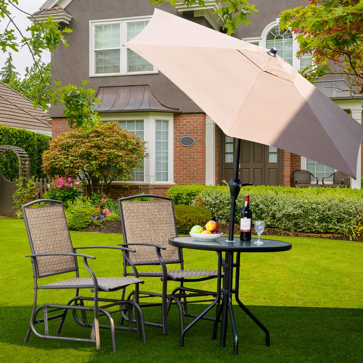 Giantex 3PCS Patio Swing Glider Set with One Glass Table W/Umbrella Hole & Two Rocking Chairs 3 -Piece