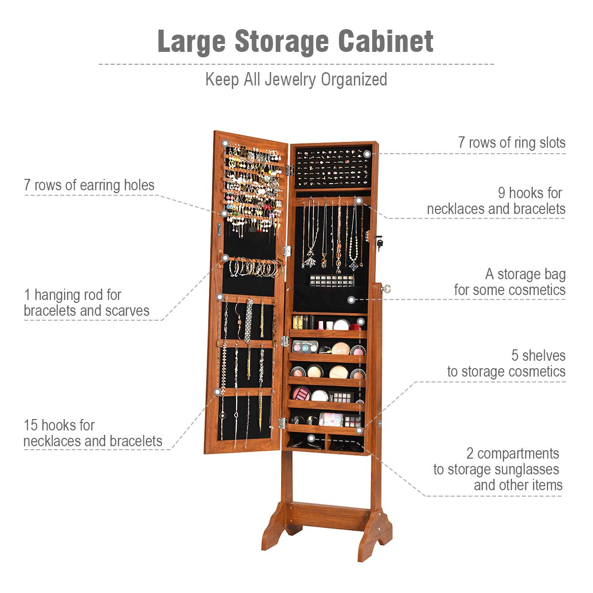 CHARMAID Lockable Jewelry Cabinet with Full Length Mirror
