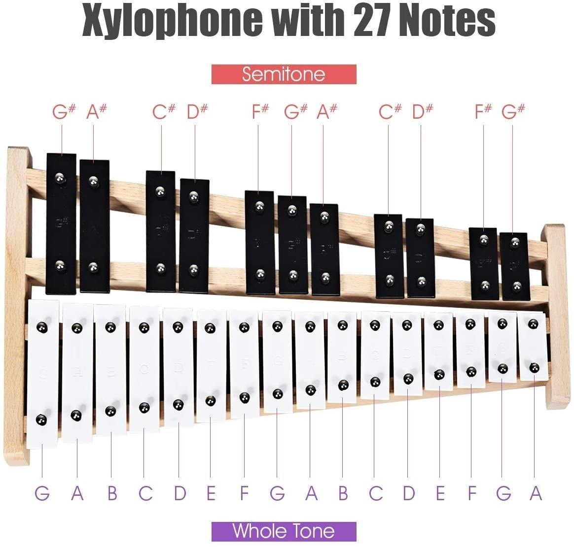 27 Note Glockenspiel Xylophone, Percussion Instrument with Wood Base - Giantexus