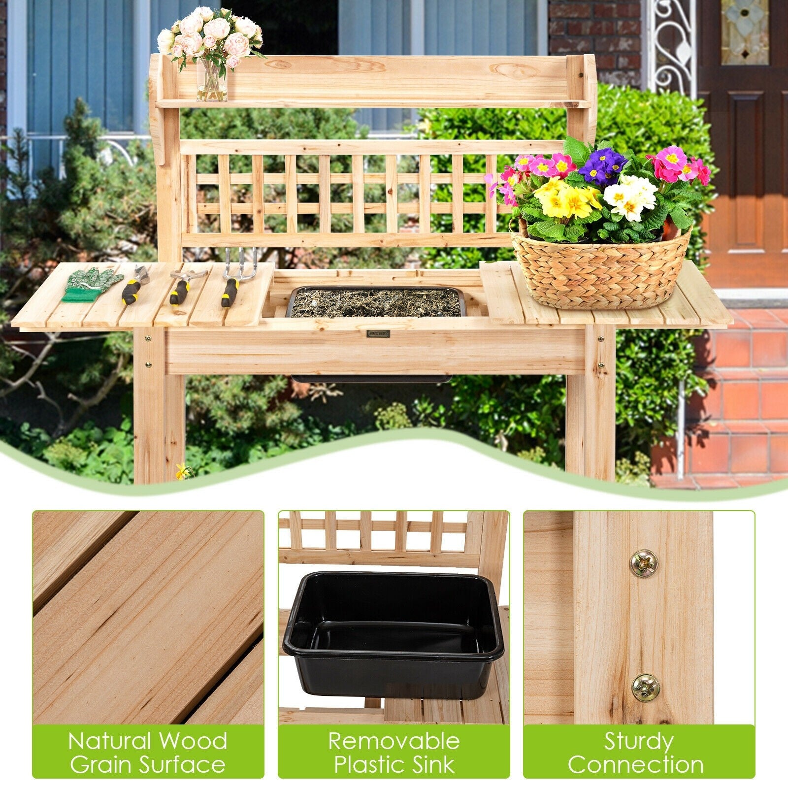 Giantex Garden Potting Bench, Outdoor Wood Work Table w/Sliding Tabletop