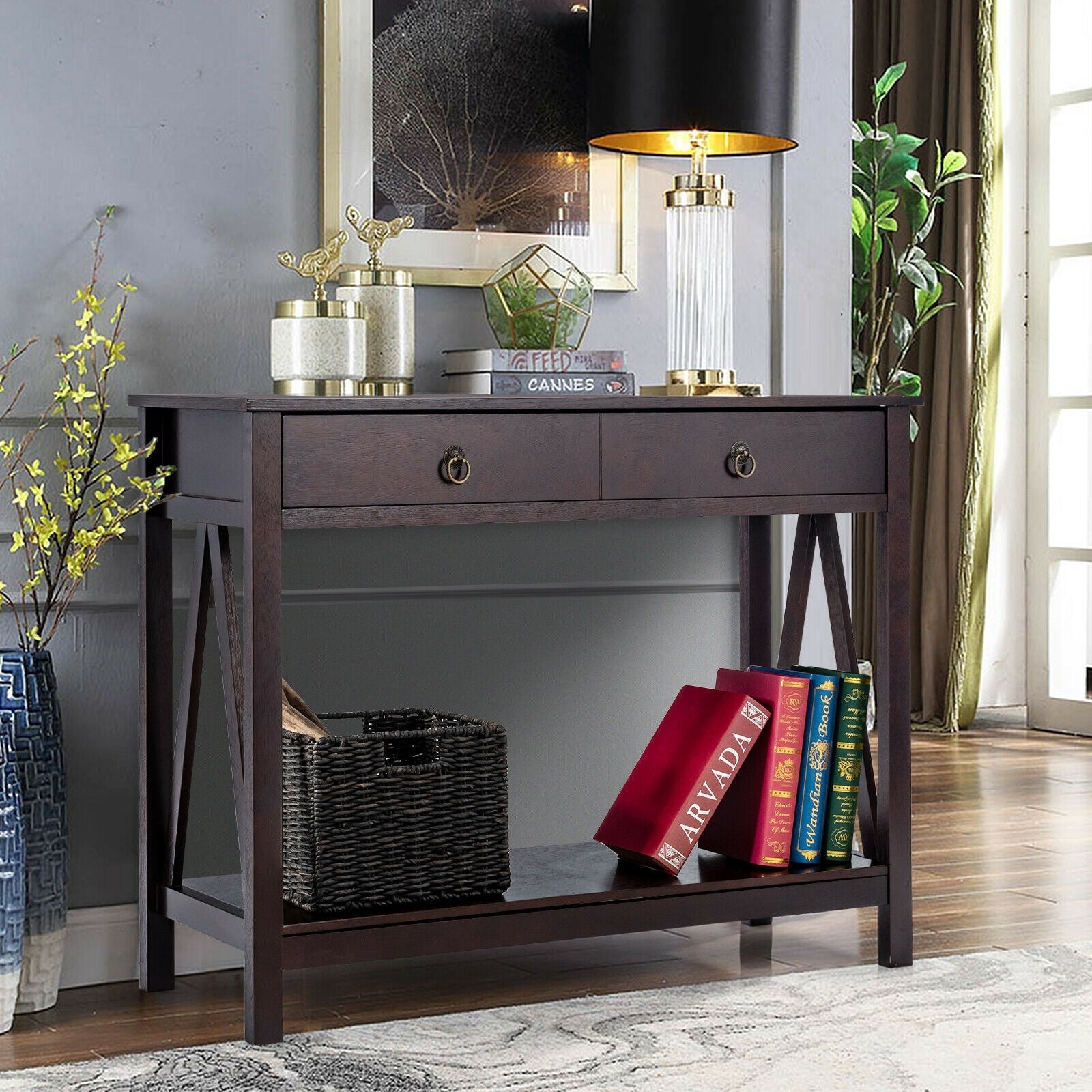 Console Table 2-Tier with Storage Drawers and Shelf