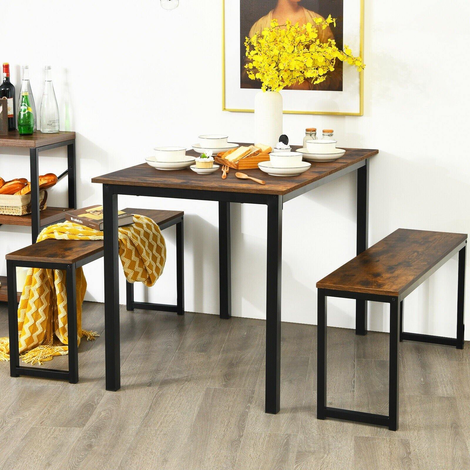 3-Piece Dining Table Set with 2 Benches, Kitchen Bench Table Set - Giantexus