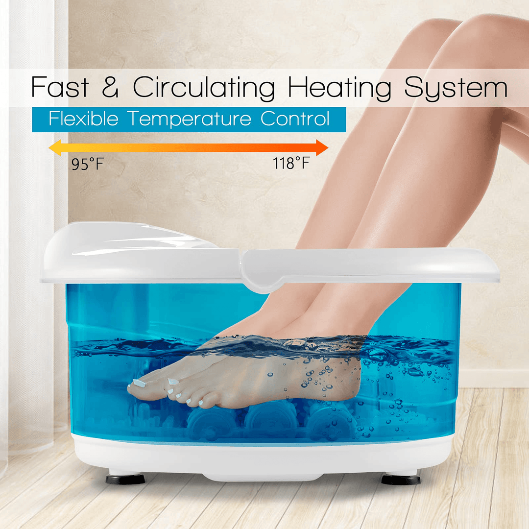 Giantex Foot Spa Bath Massager with Heat Bubbles, 6 Motorized Massage Rollers, Fast Heating, Red Light, Adjustable Temperature & Time (Blue/White) - Giantexus