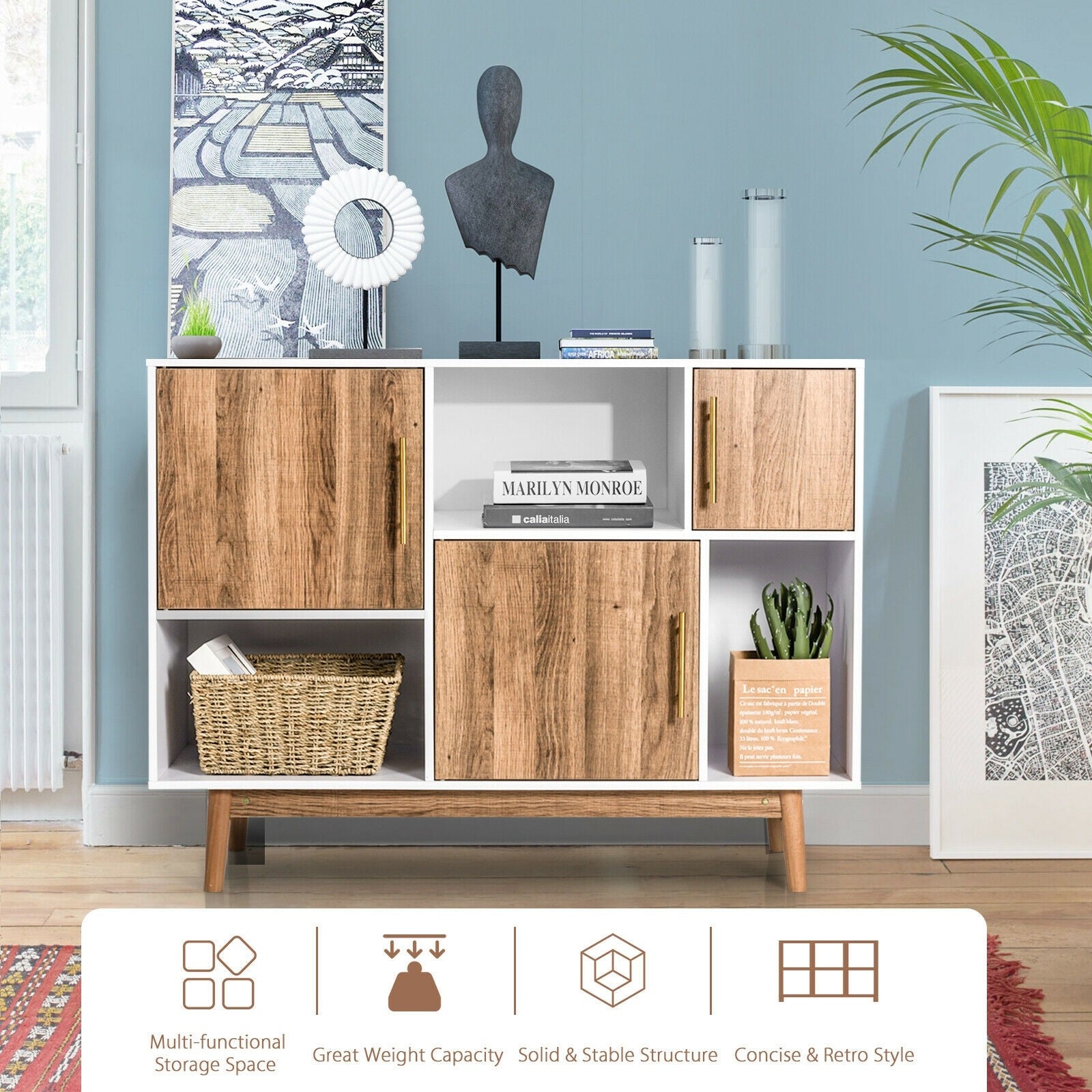 Sideboard Storage Cabinet W/Storage Compartments, Doors and Wood Legs