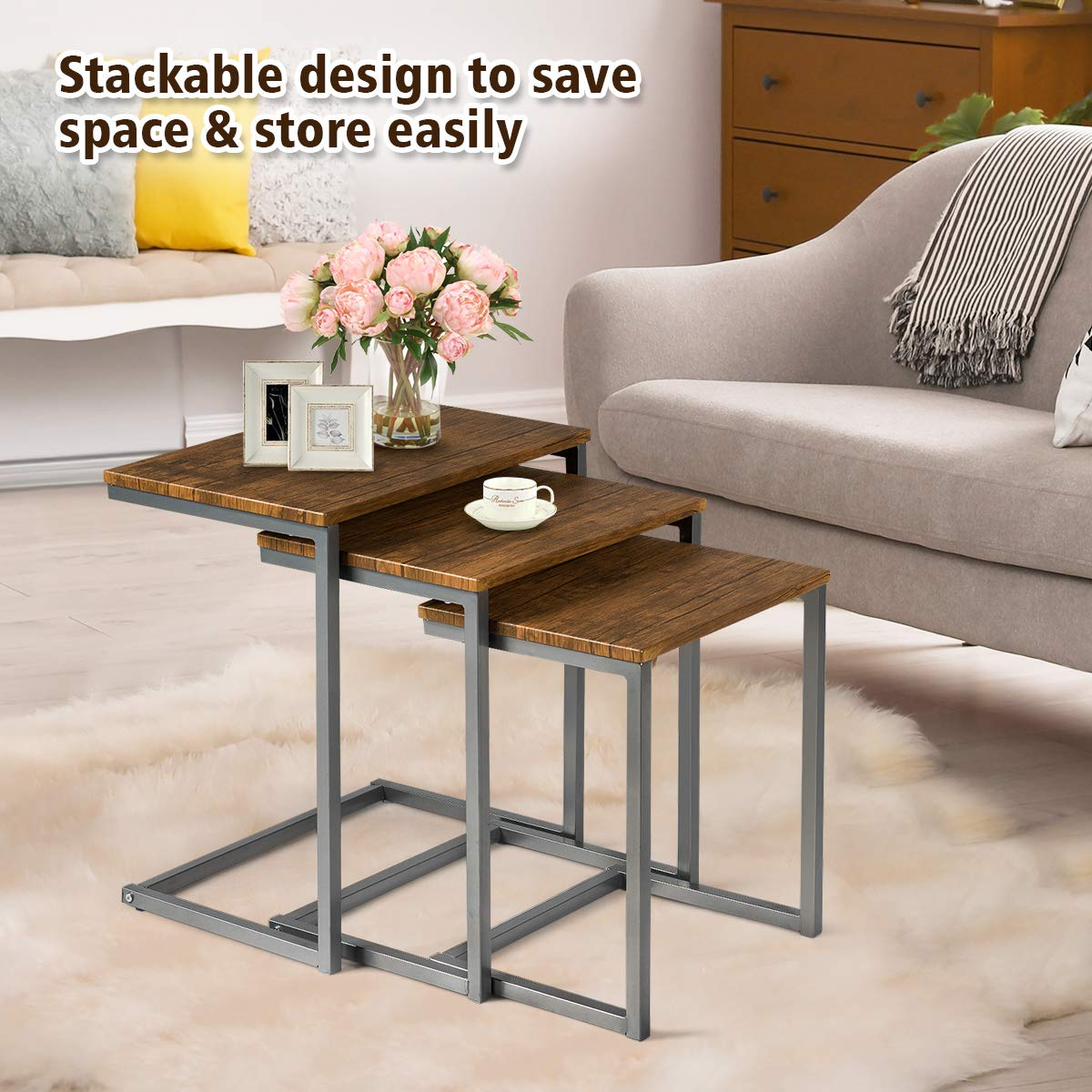 Giantex 3PC Stacking Nesting Coffee End Table Set Living Room Modern Home Furniture