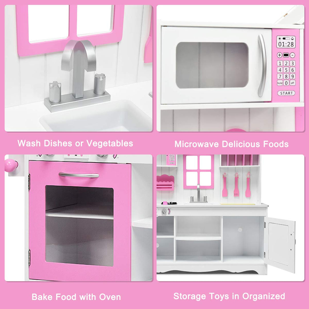 Giantex Wood Play Kitchen, Pink Kids Kitchen Playset for Toddlers
