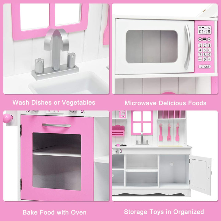Giantex Wood Play Kitchen, Pink Kids Kitchen Playset for Toddlers