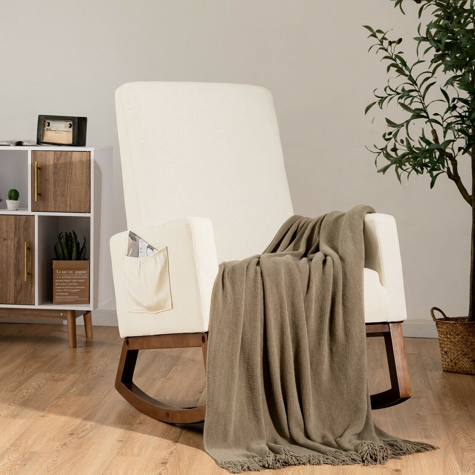 Giantex Upholstered Rocking Chair, Modern Fabric Armchair w/Wood Base