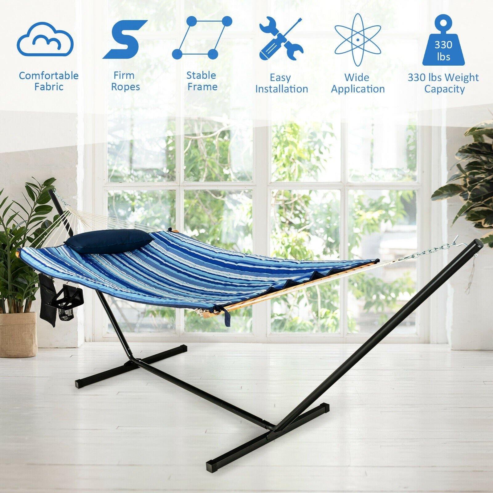 12Ft Hammock with Stand, 2 Person Heavy-Duty Steel Hammock Stand, 450 lbs Capacity (Blue and Beige Striped) - Giantexus