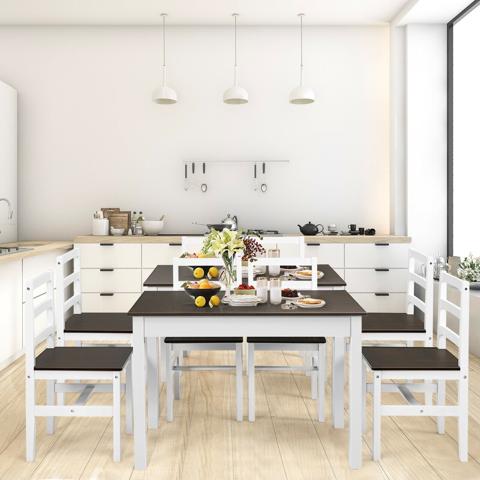 Giantex 5-Piece Dining Table Set, Rectangular Kitchen Table and Chairs Set (Walnut+White)