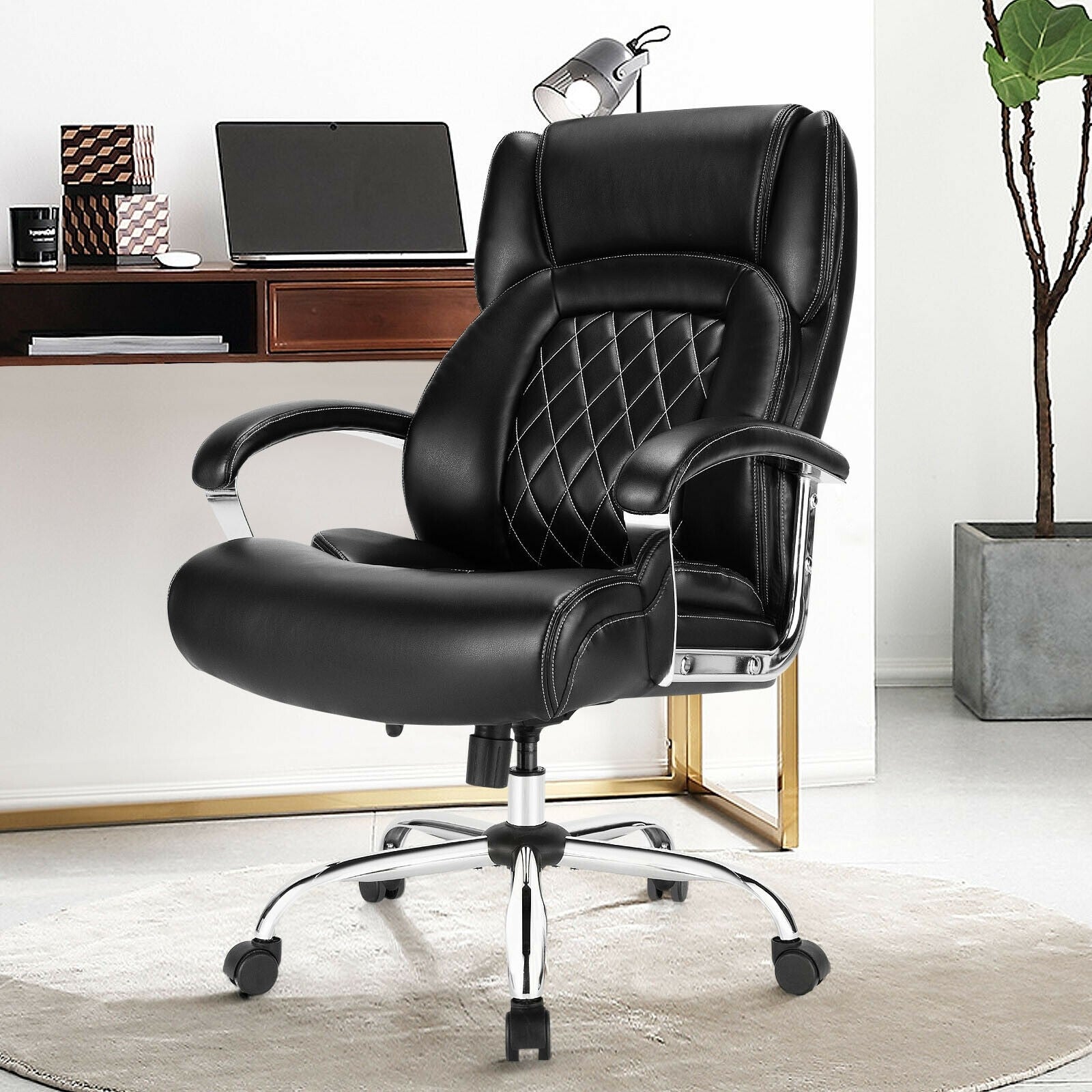 500LBS Leather Office Chair, Height Adjustable Big and Tall Executive Chair - Giantexus