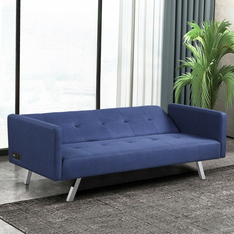 Convertible Futon Sofa, Modern 3 Seat Sofa Bed with USB and Power Strip