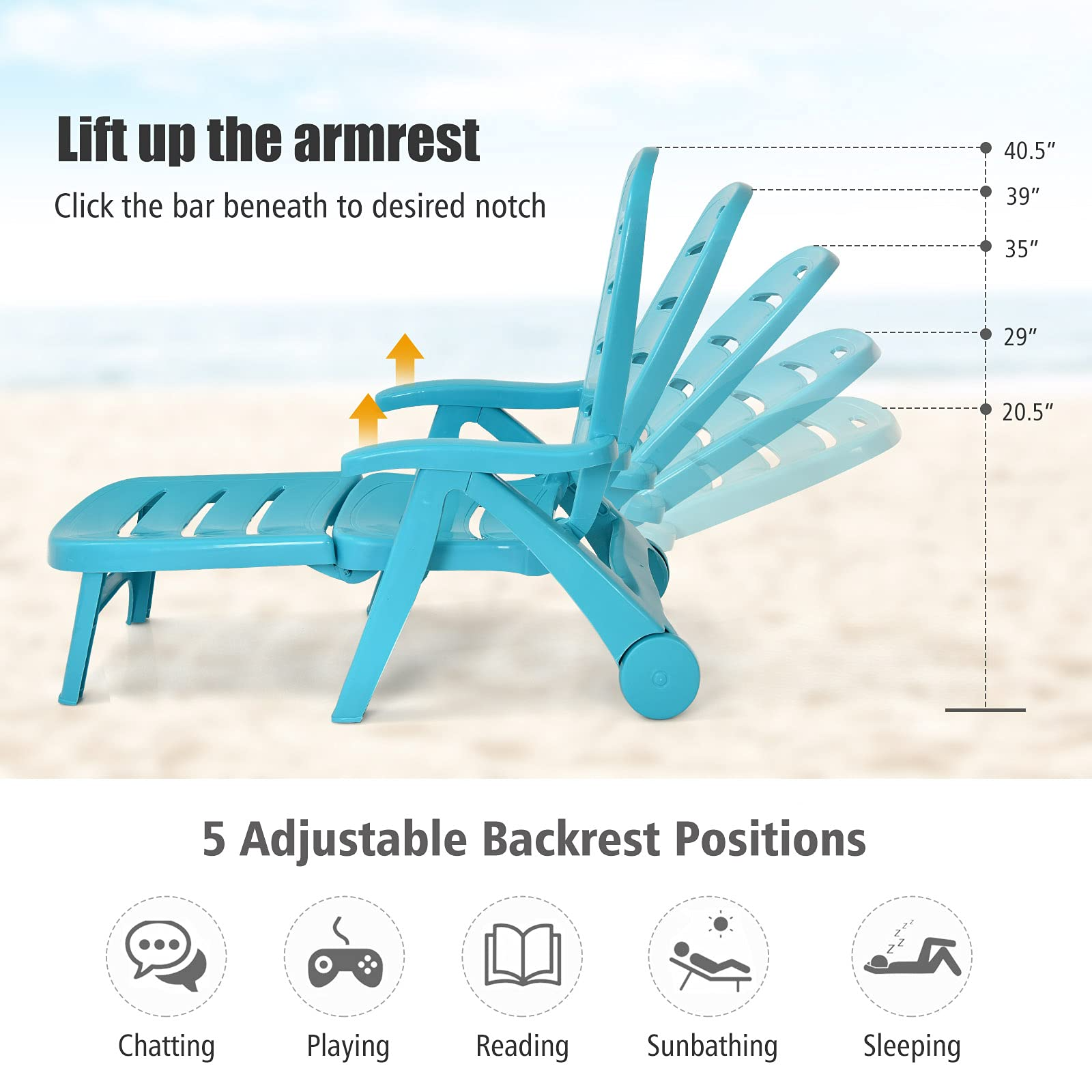  Patio Chaise Lounge Recliner on Wheels - Giantex