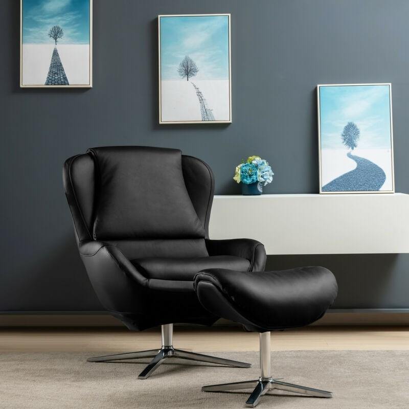 360 Swivel Leather Lounge Chair with Ottoman - Giantexus