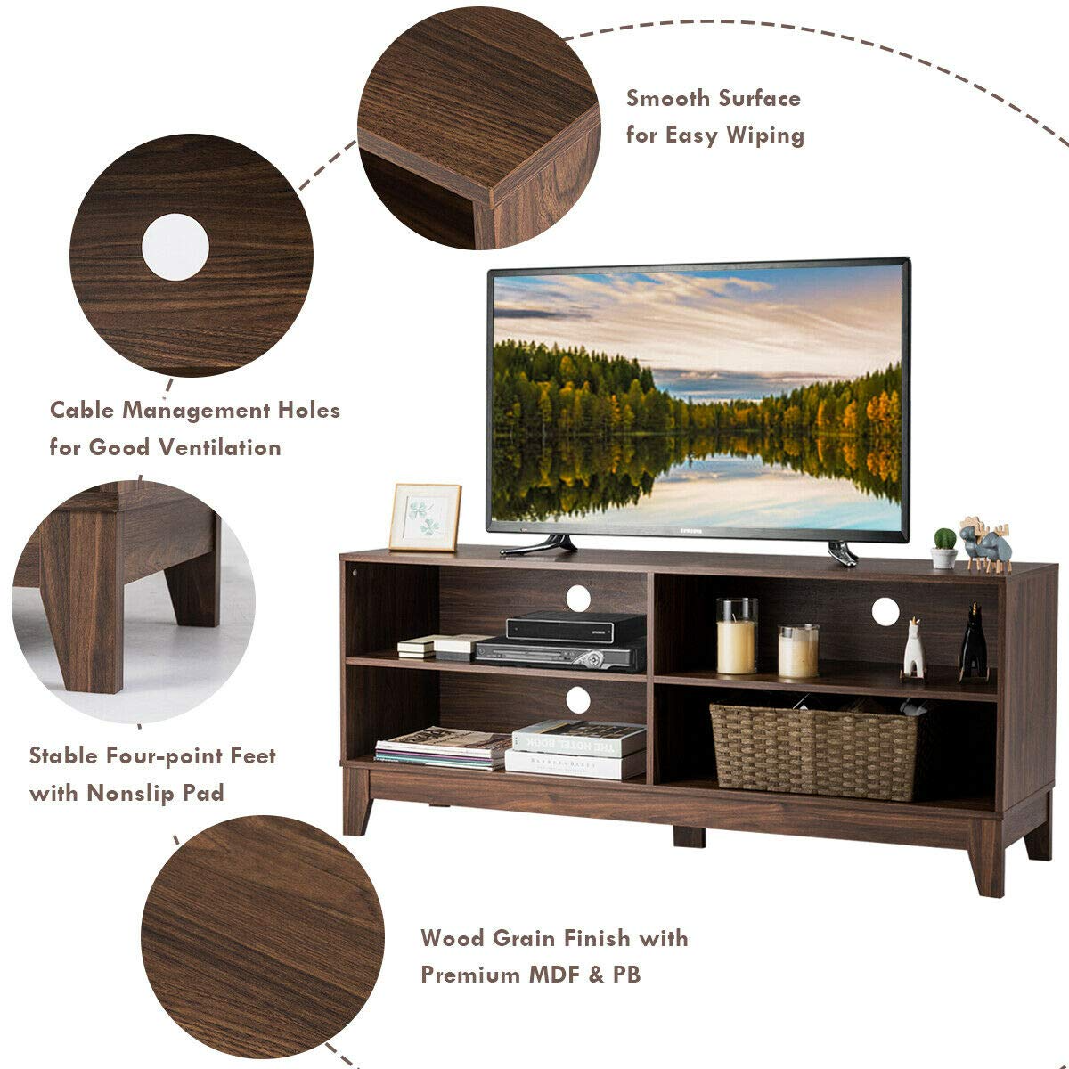 Giantex TV Stand Console Table Cabinet for 60" TV, Large Storage for Living Recreation Room W/ 4 Open Shelves