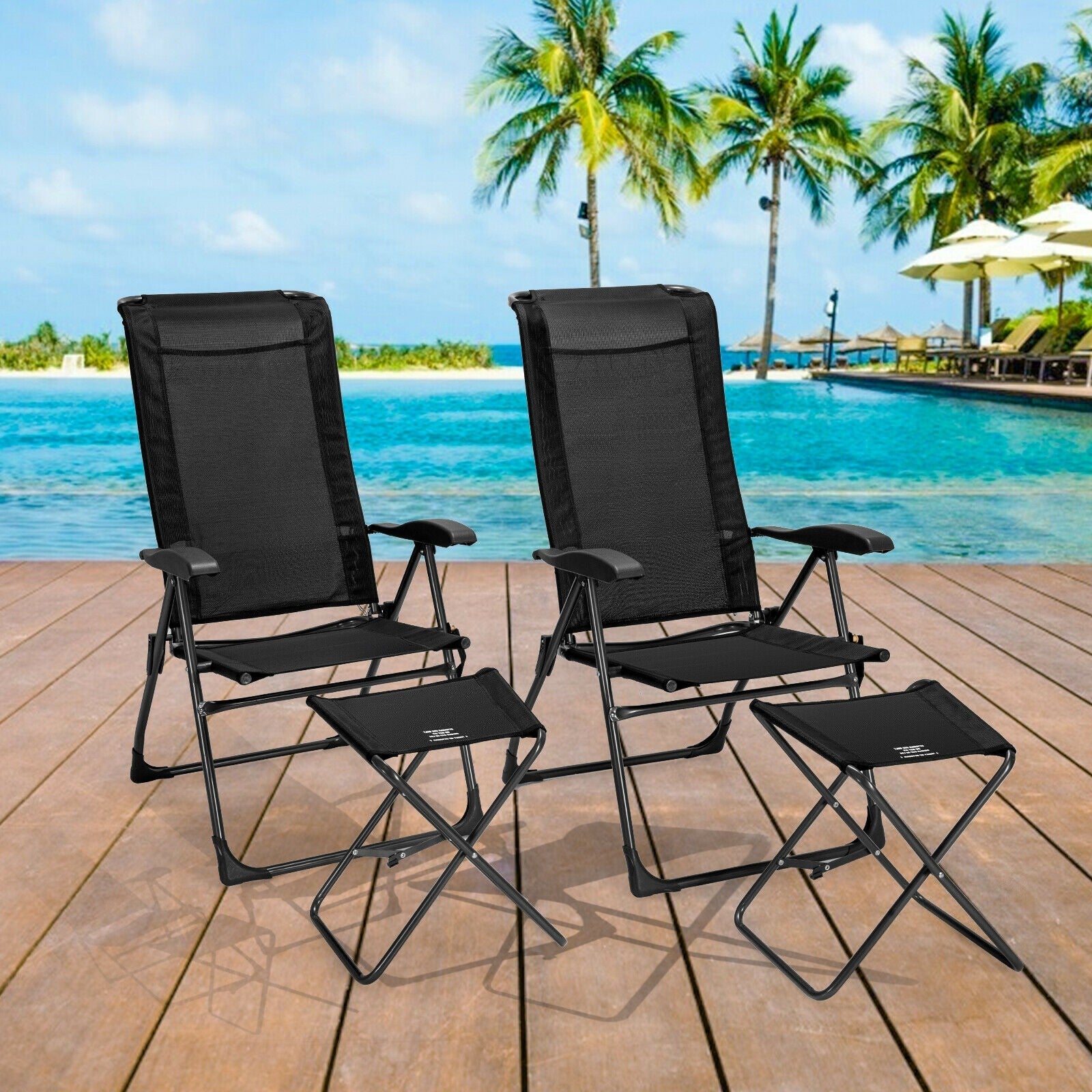 Giantex 2 Pcs Folding Patio Chairs, 2 PCS Footrest, Portable Sling Chairs (Black)