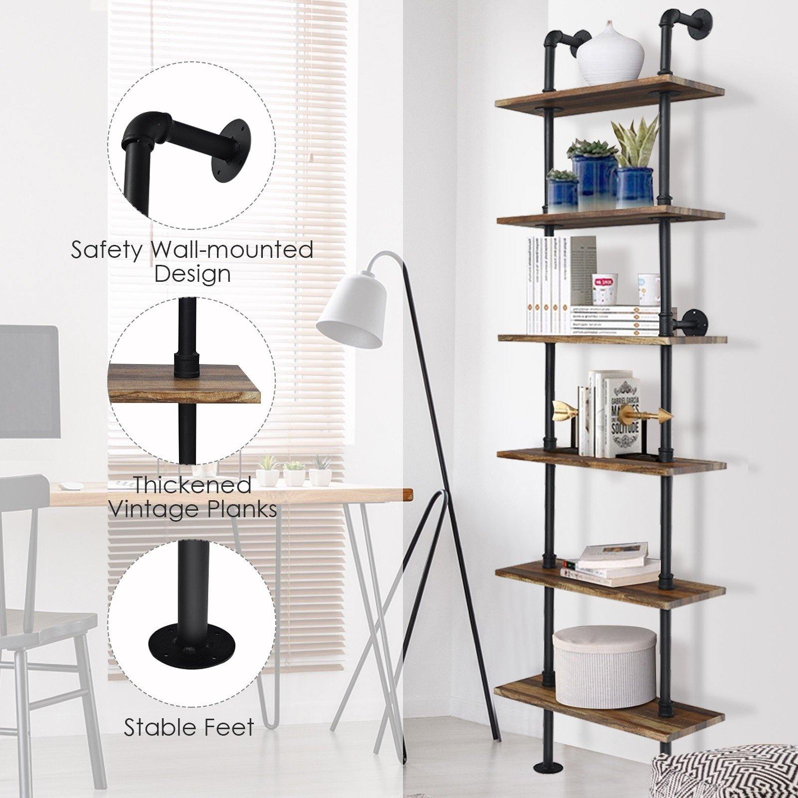6 Tier Industrial Pipe Shelves with Wood - Giantexus
