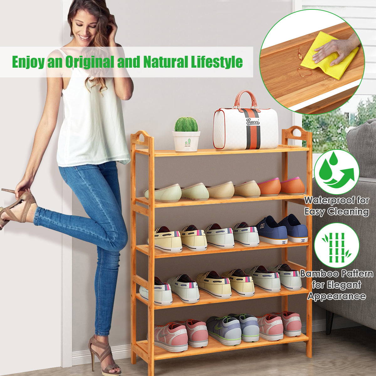 Bamboo Shoe Rack 5 Tier, Freestanding Shoe Rack - Giantexus