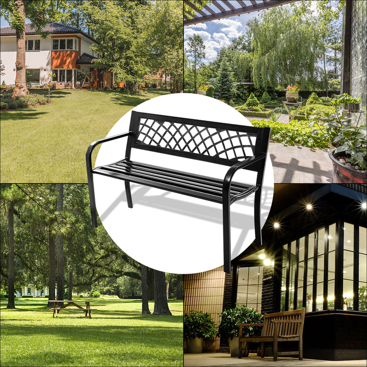 Giantex Patio Garden Bench Loveseats Park Yard Furniture Decor Cast Iron Frame Black (Black Steel W/ PVC Mesh Pattern)