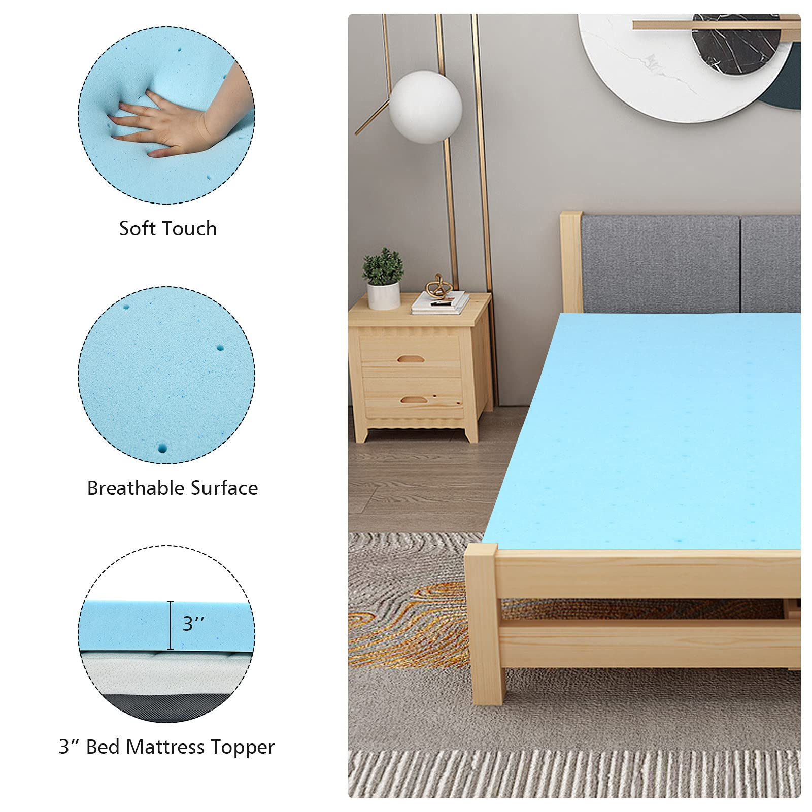 Giantex 3 Inch Memory Foam Mattress Topper, Gel-Infused Cooling Bed Topper with Ventilated Design for Pressure Relieving