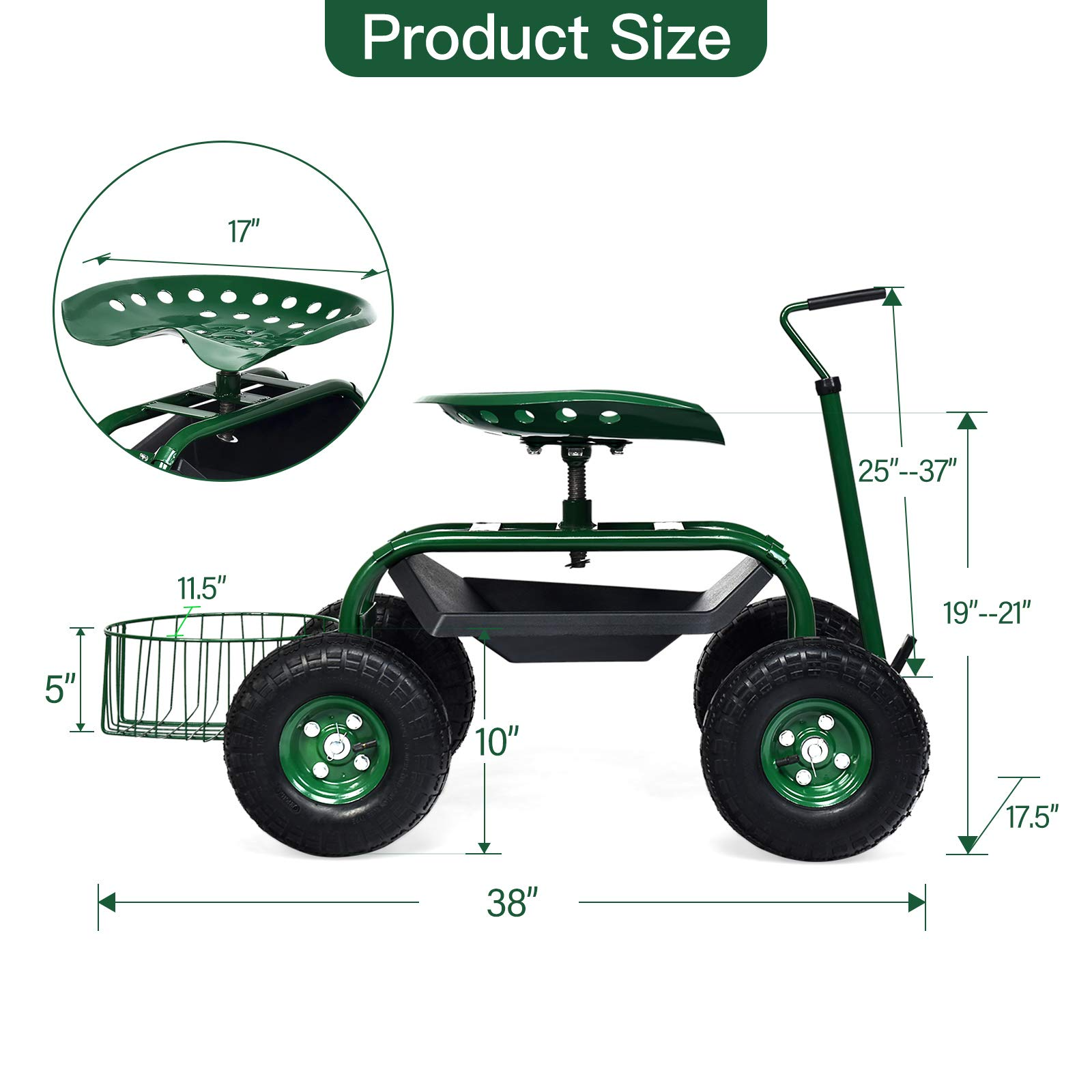 Giantex Garden Cart, 4-Wheel Gardening Workseat with Storage Basket (Green)