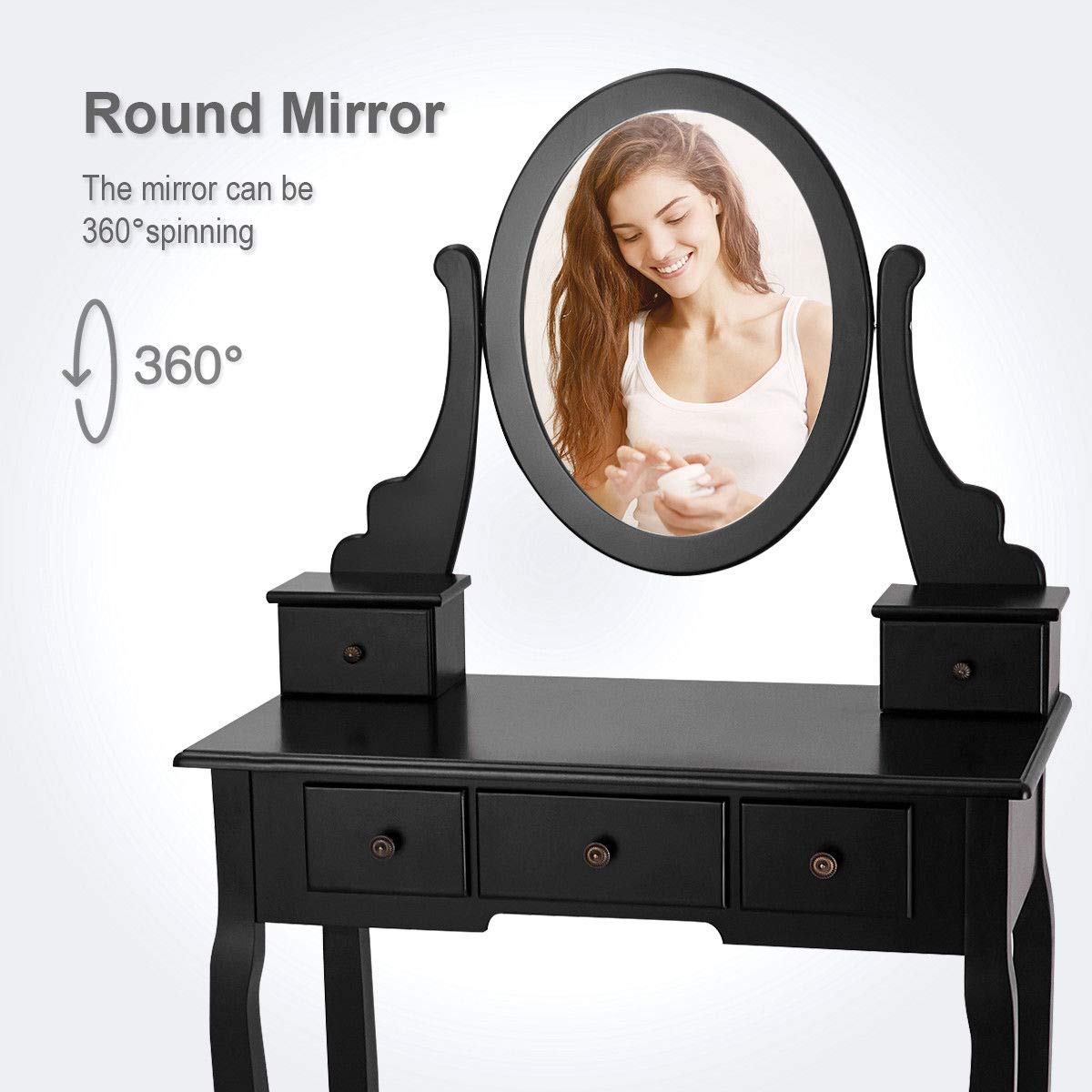 Giantex  Round 360 Degree Rotation Swivel Mirror Dressing Table Stool Wooden Vanity Set (Black with 5 Drawer)