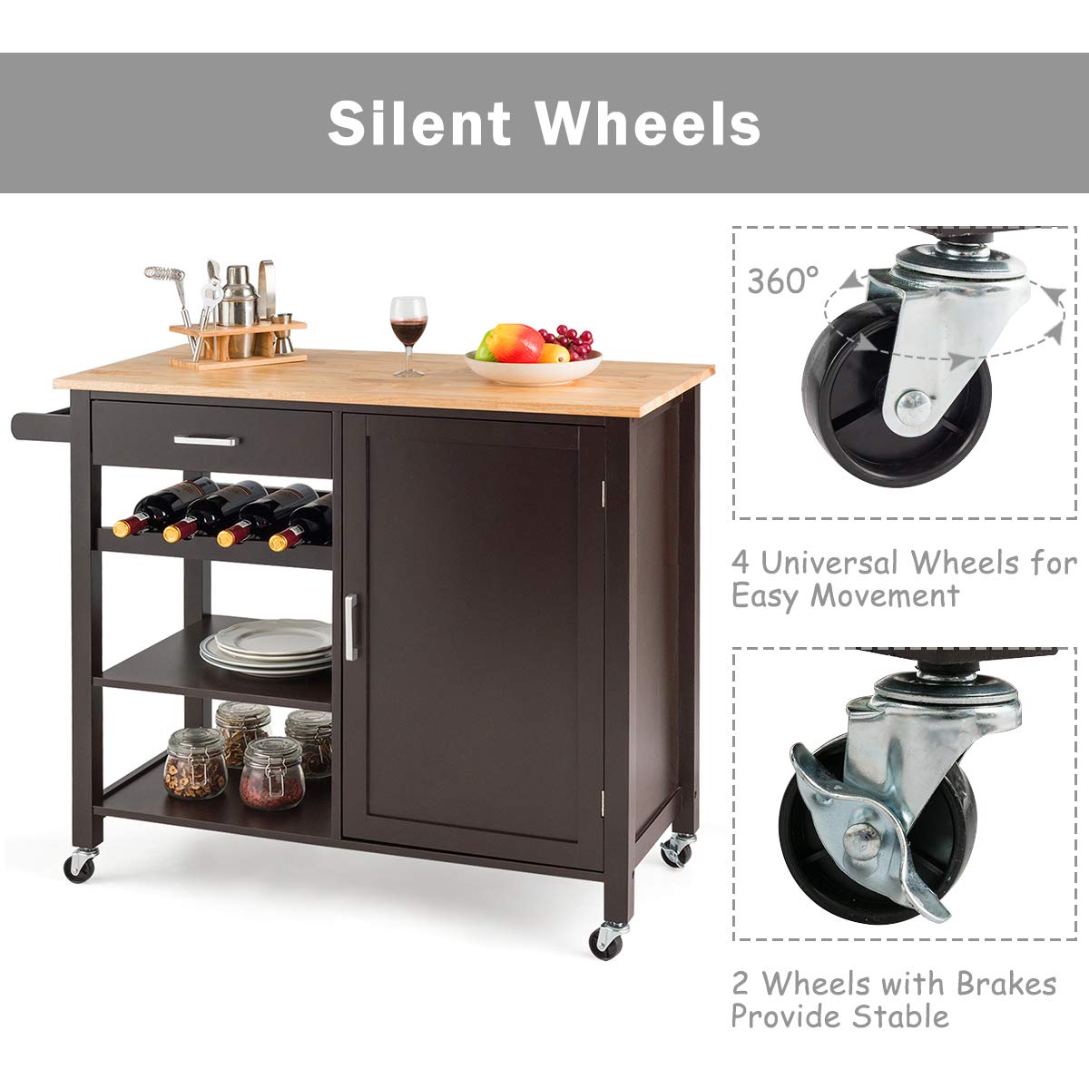 Giantex Kitchen Island Cart Rolling Serving Cart Wood Trolley, Brown