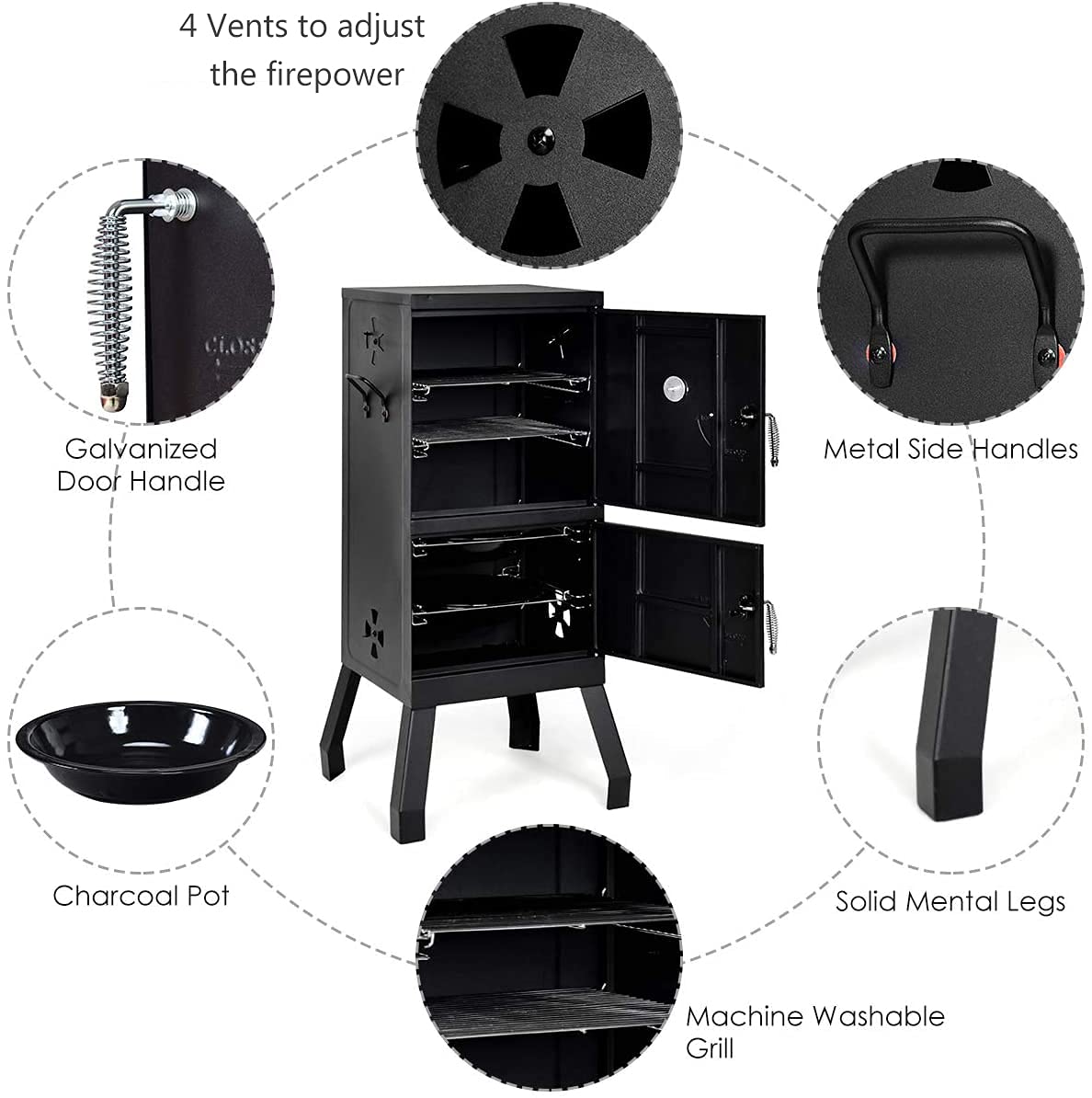 Giantex Outdoor Smoker with Double Doors, 2 Detachable Grill Netting Smoking Racks