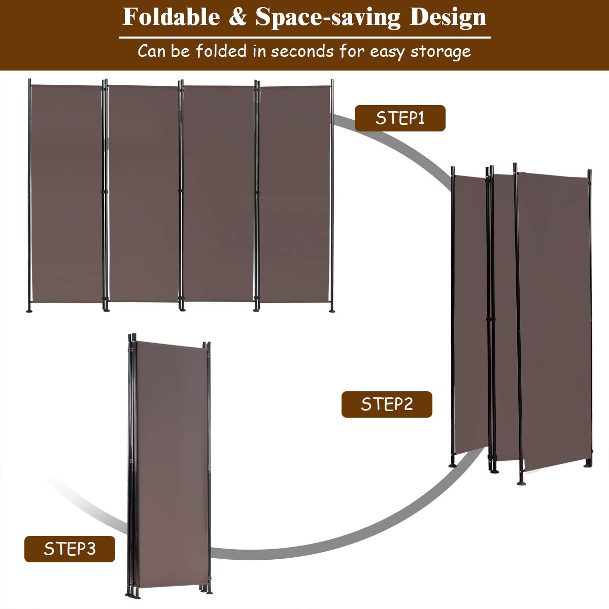 Giantex 4 Panel Room Divider, 5.6 Ft Folding Privacy Screen with Adjustable Foot Pads (Coffee) - Giantexus