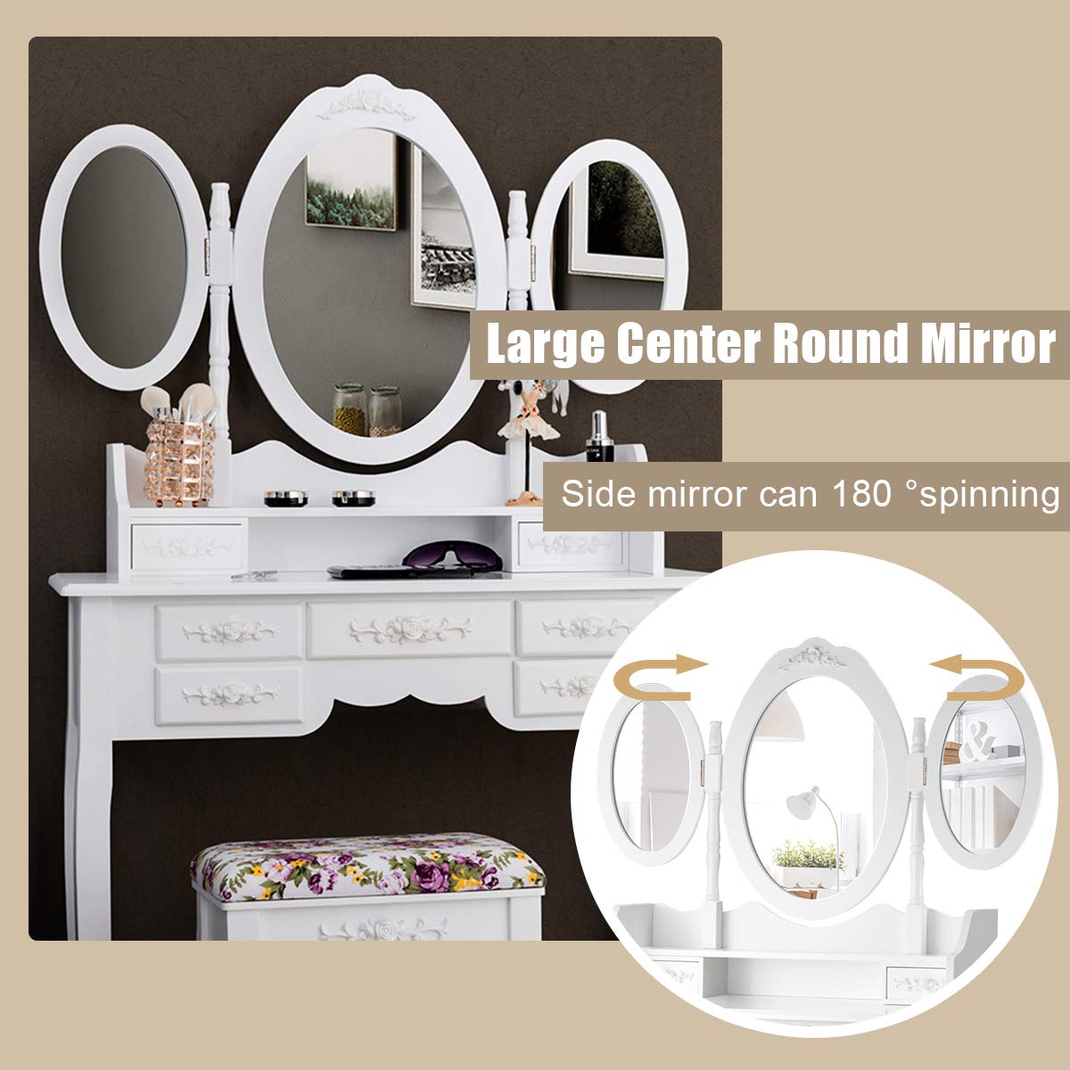 Vanity Set with Tri-Folding Mirror and Cushioned Stool - Giantex