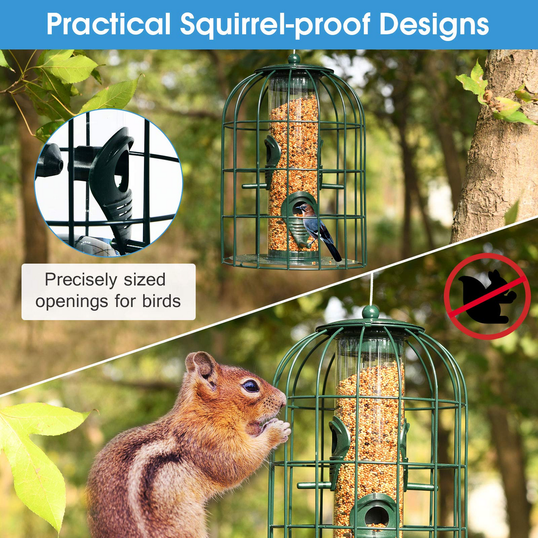 Giantex Metal Hanging Bird Feeder, Outdoor Squirrel-Proof Bird Feeder Cage with 4 Feeding Ports, Transparent PC Tube