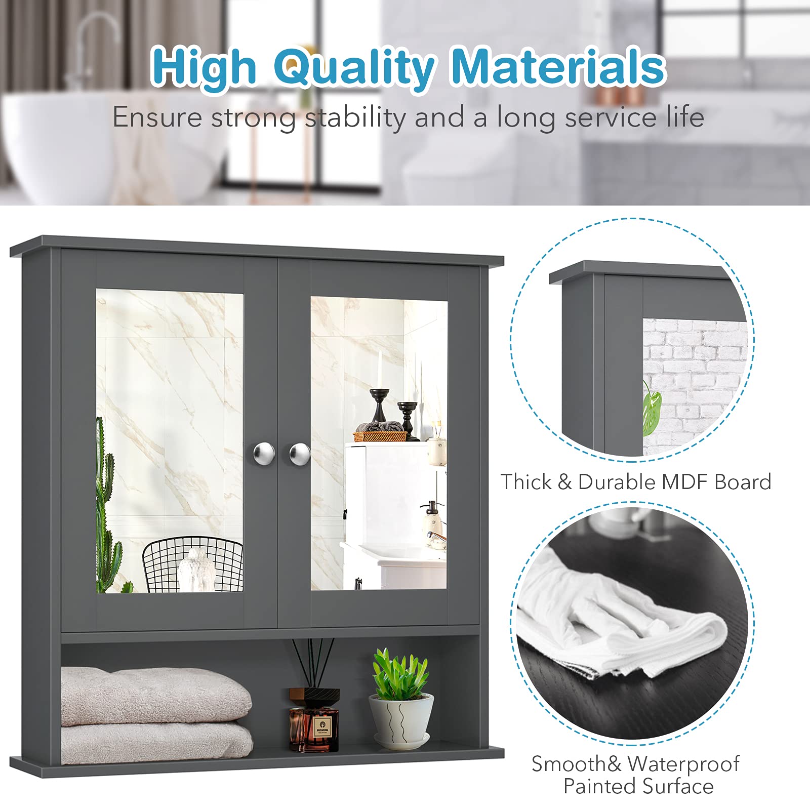 Bathroom Wall Cabinet with 2 Mirror Doors and Adjustable Shelf