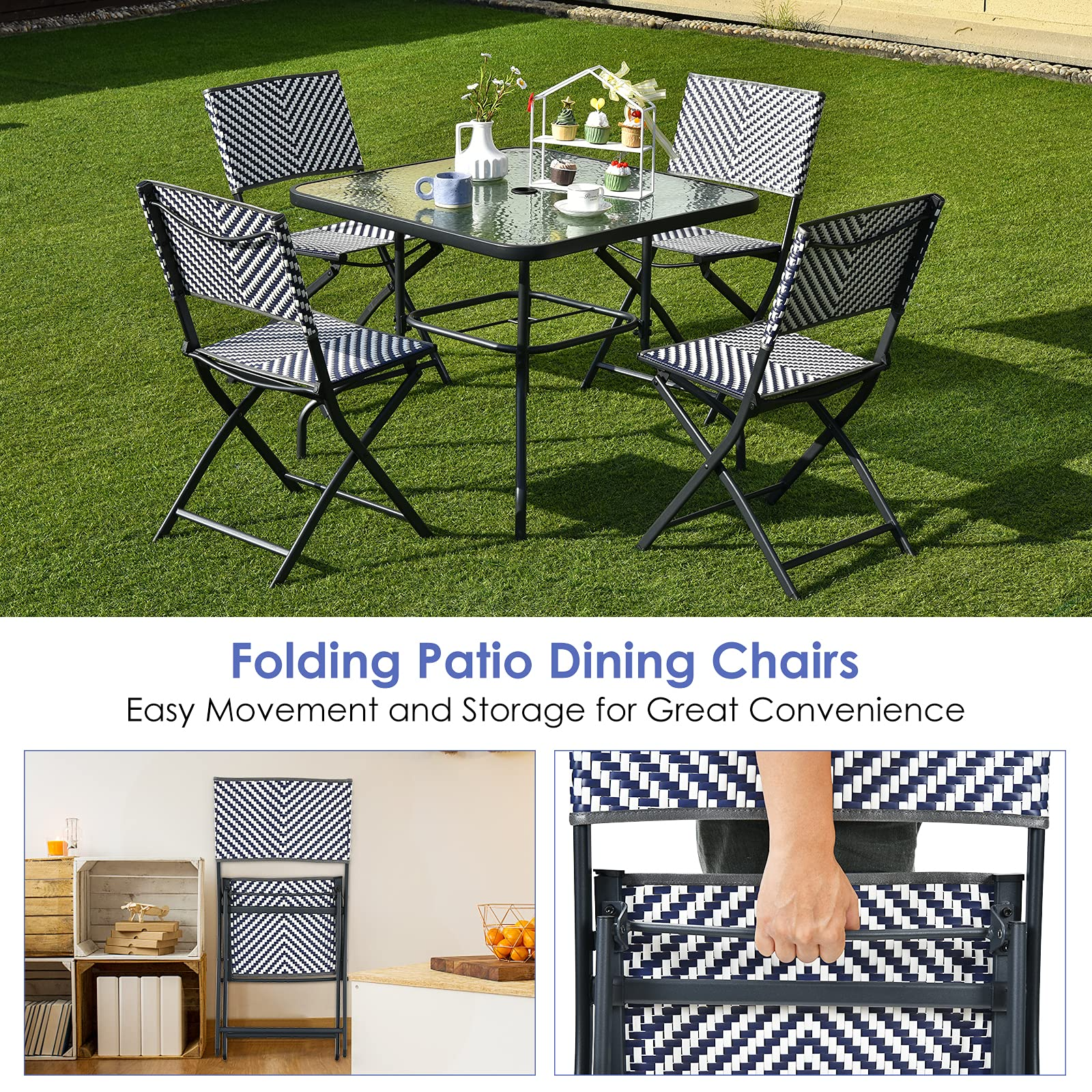 Giantex Set of 4 Patio Folding Chairs, PE Rattan Lawn Chairs